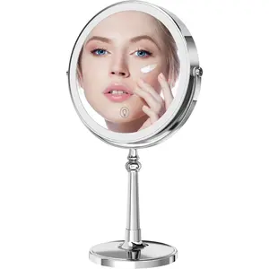 9" Large Make up  Mirror with Lights Chrome Two Way Mirror 1x/10x Magnifying Mirrors with Light and Stand 4000mAh Rechargeable Led Makeup Mirrors for Desk Dresser Table