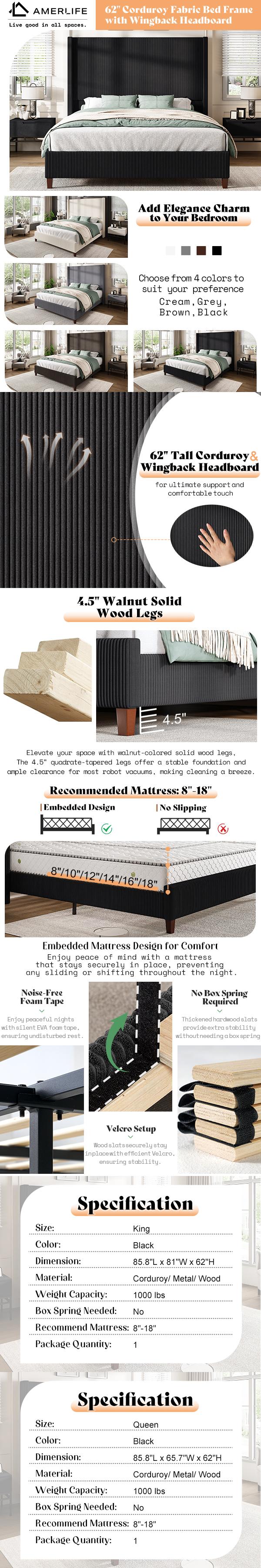 AMERLIFE 62" Corduroy Upholstered Bed Frame, Luxurious Platform Bed with Extra Tall Wingback Headboard and Vertical Stripe