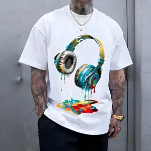 T-Shirt Navy Blue Graphic Tee with Vibrant Headphone Print  Thick Cotton, Casual & Trendy, Short Sleeve Crew Neck, Machine Washable for Summer Fashion, Street Fashion Tee |   Graphic Print Shirt |   Durable Casualwear