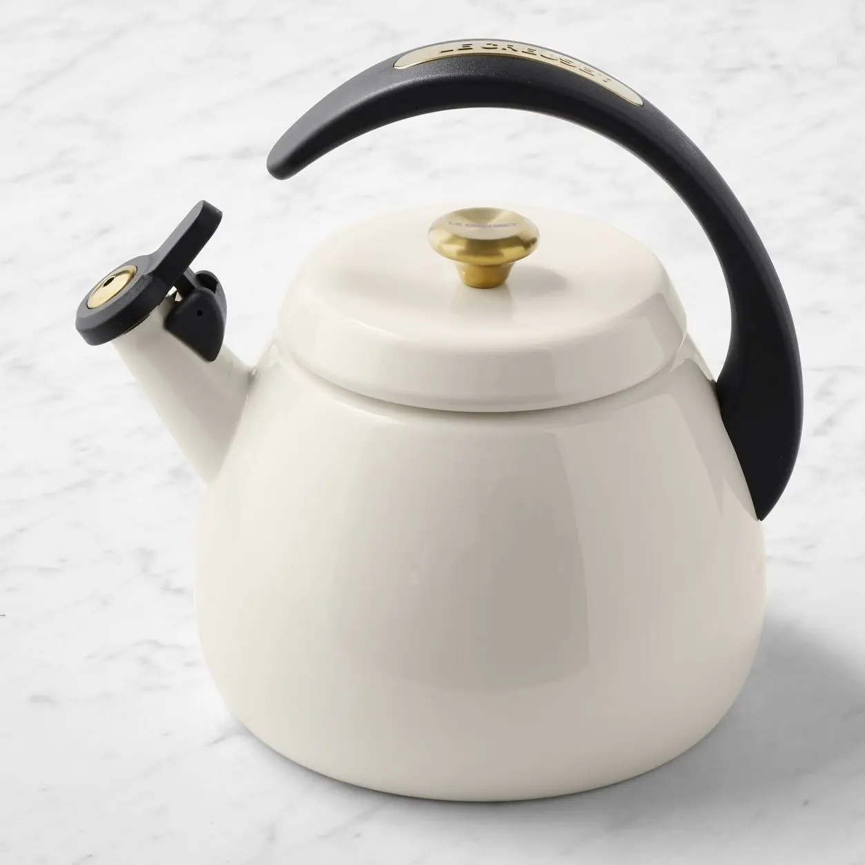 Le Creuset Cloche Tea Kettle, 2-Qt. White with Gold Accents