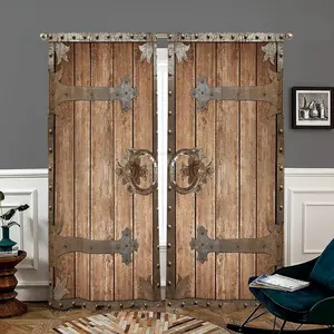2 Pieces Rustic Wooden Door Printed Curtains, Pole Pocket Style Semi Sunshade Polyester Fiber, Easy Clean Anti-Privacy Home Decor