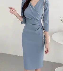 Velora V-Neck Elegant Bodycon Dress Knee Length with Ruched Waist Summer Wear for Women