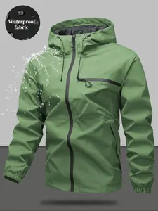Men's Plain Waterproof Windproof Drawstring Zip Up Hooded Jacket, Casual Long Sleeve Zipper Pocket Design Outerwear for Outdoor Activities, Men's Clothes for All Seasons, Coats, Menswear