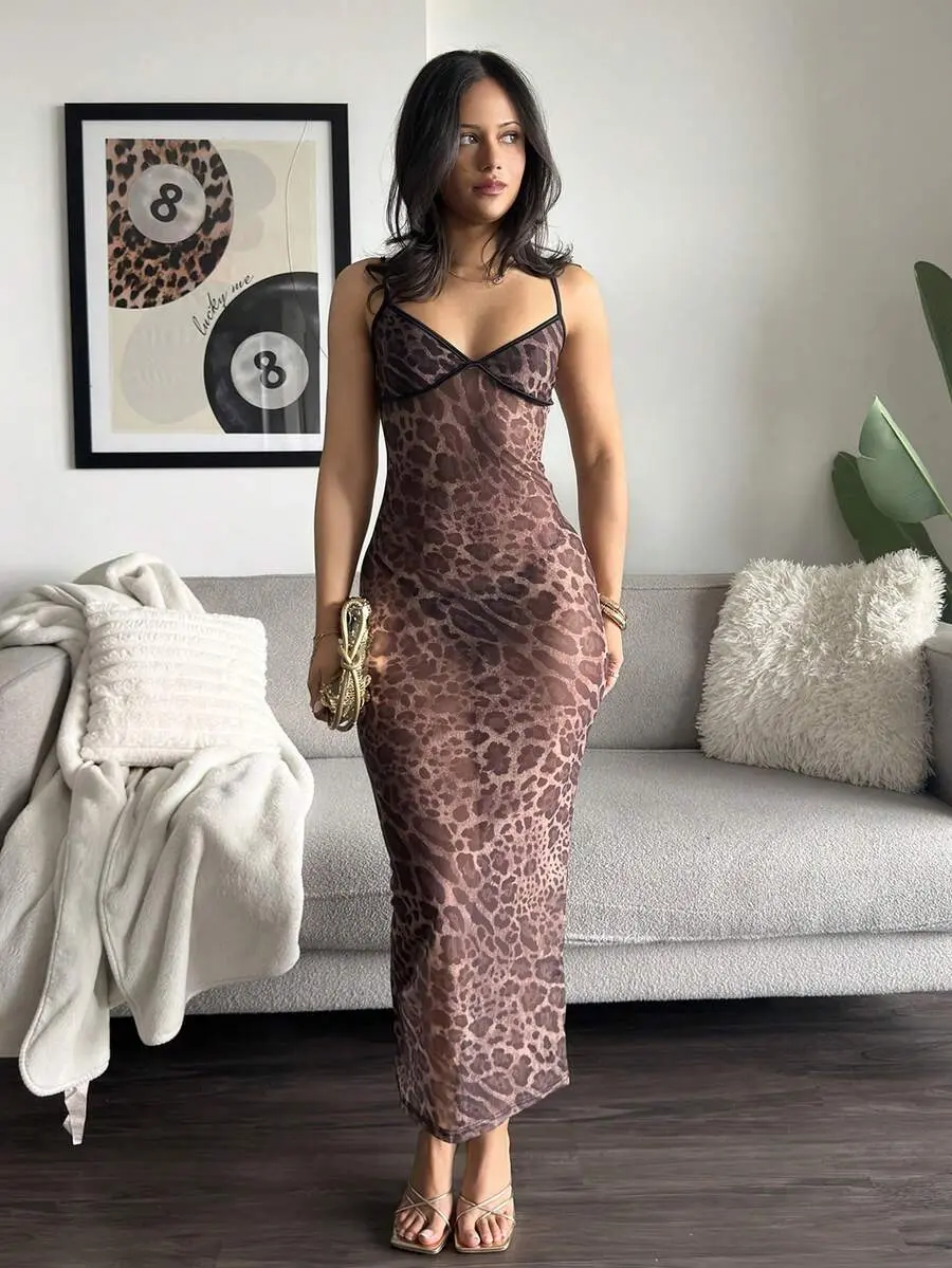 Trendy Outfit Leopard Print Mesh Slip Dress Skinny Fit Long Style Bodycon Dress for Tea Party Dress Glamorous Sensual Vacation Wear