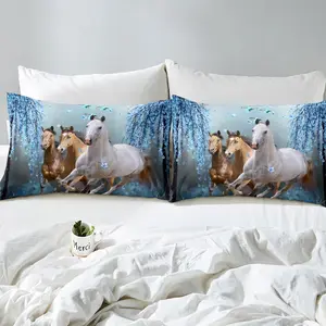 Horse Bed Sheets,Cherry Blossom Branches Steed Dreamy Blue Sheet Set,Galloping Horse Bed Set,Wild Animal Decor Sheets Bedroom Collection