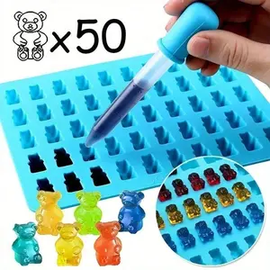 Silicone Teddy Bear Jelly Mold with Dropper, 50 Grid Soft Candy Mould, DIY Baking Tool for Kids, Chocolate Gummy Soap Making