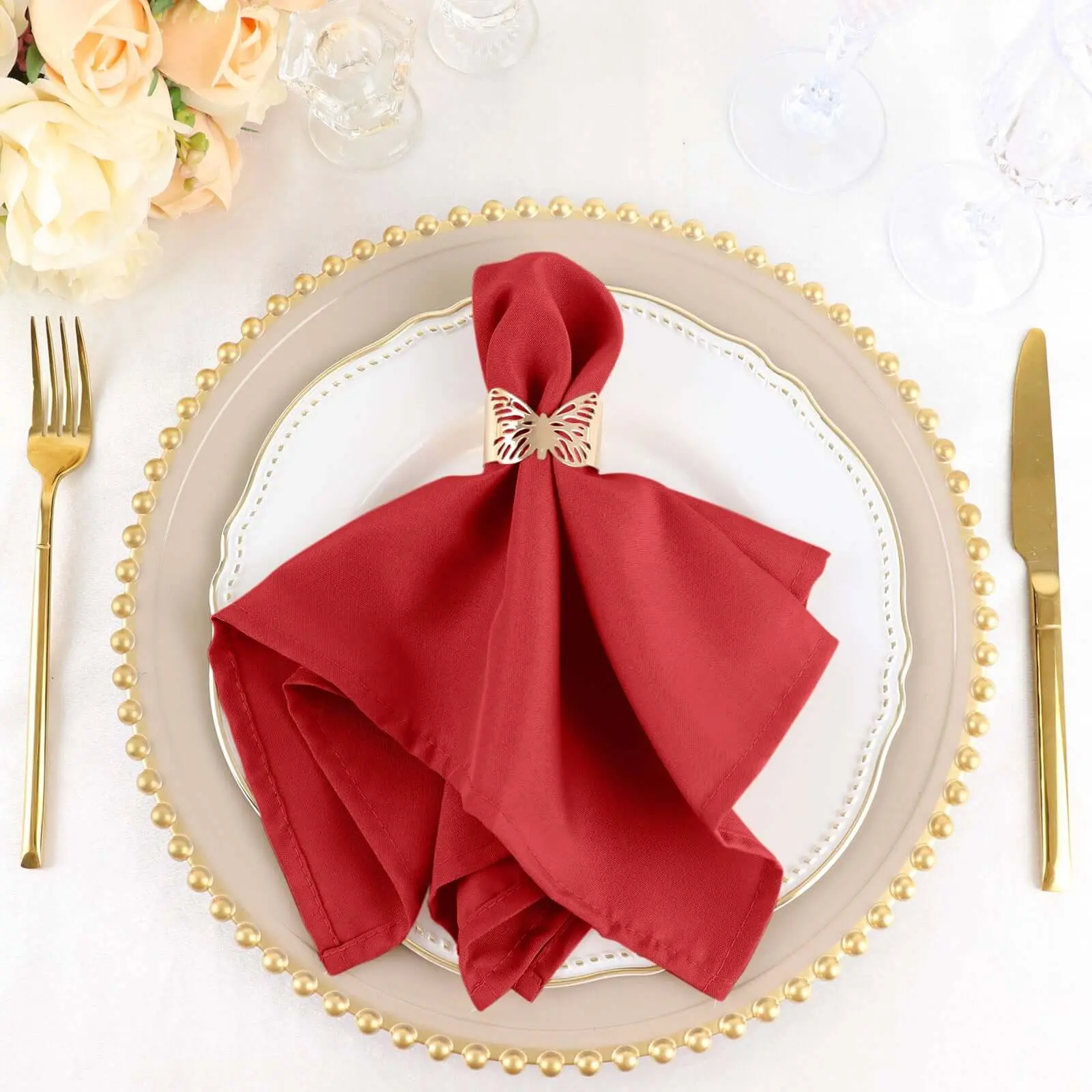 Cloth Napkins Bulk 5-Pack 17in x 17in Red Polyester Tableware - Wrinkle Resistant, Easy-Care Fabric Multipack Napkins, Fabric Napkins