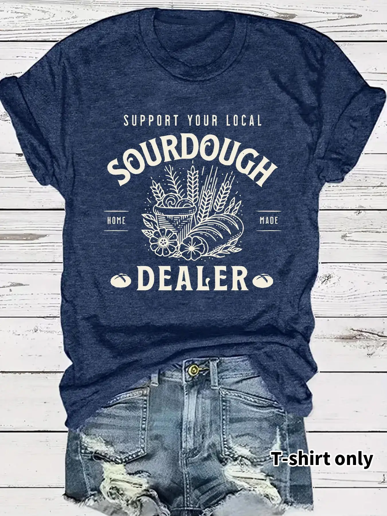 Women's Sourdough Dealer Print Round Neck Tee, Casual Streetwear Top Short Sleeve Crew Neck Fitted T-shirt for Spring, Fashion Women's Top for Daily Wear, Summer, Casual T Shirts