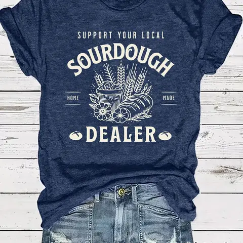 Women's Sourdough Dealer Print Round Neck Tee, Casual Streetwear Top Short Sleeve Crew Neck Fitted T-shirt for Spring, Fashion Women's Top for Daily Wear, Summer, Casual T Shirts