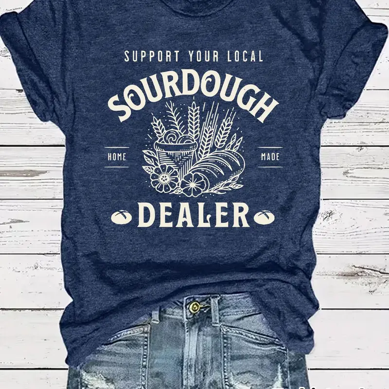 Women's Sourdough Dealer Print Round Neck Tee, Casual Streetwear Top Short Sleeve Crew Neck Fitted T-shirt for Spring, Fashion Women's Top for Daily Wear, Summer, Casual T Shirts