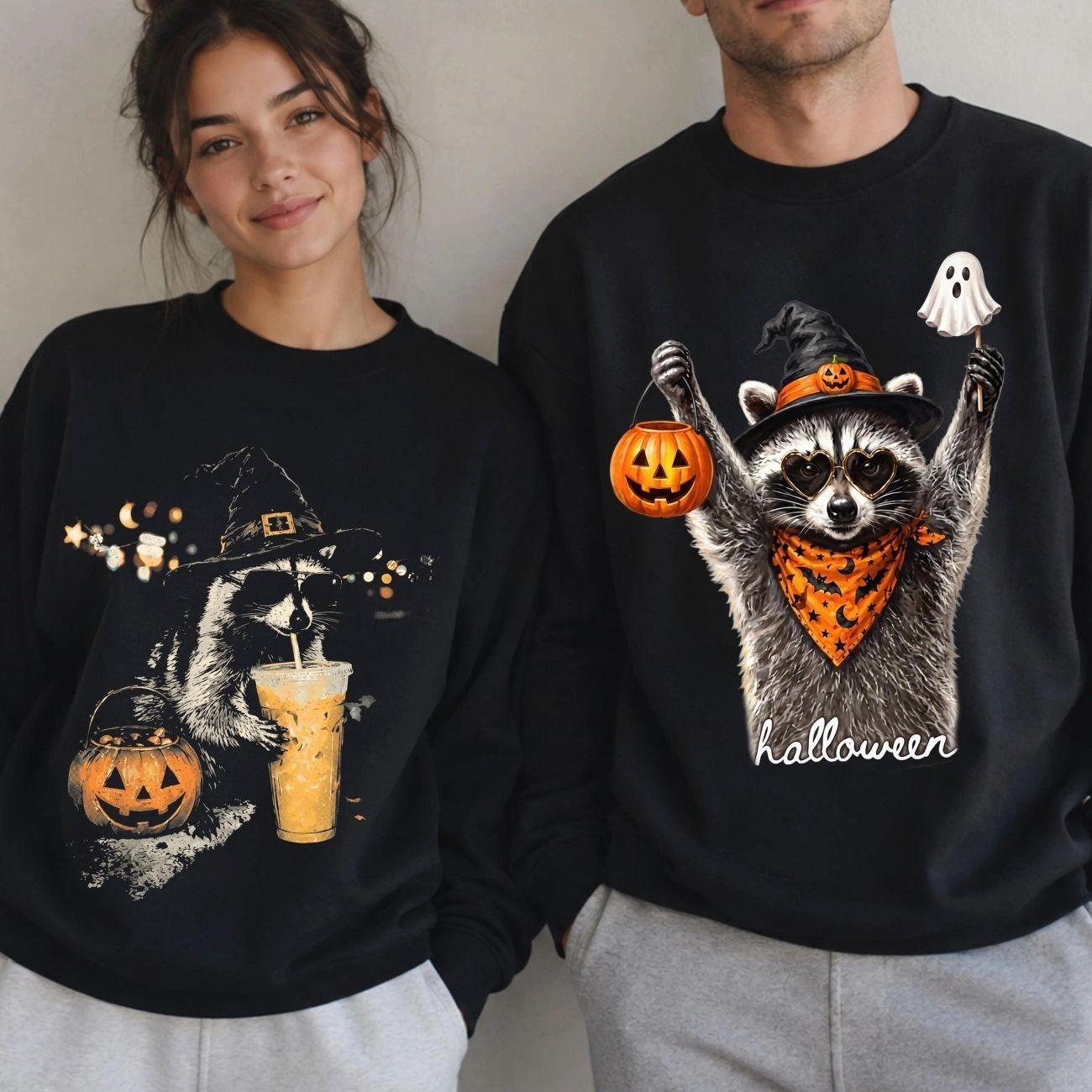 Matching Halloween Raccoon Sweatshirt, Choose Your Design Custom Sweatshirt, Funny Witch Animal Pullover, Couples Spooky Season Outfit, Cute Trash Panda Halloween Crewneck, Spooky Animal Lover Graphic Sweater, Cute Fall Gift for Women & Men