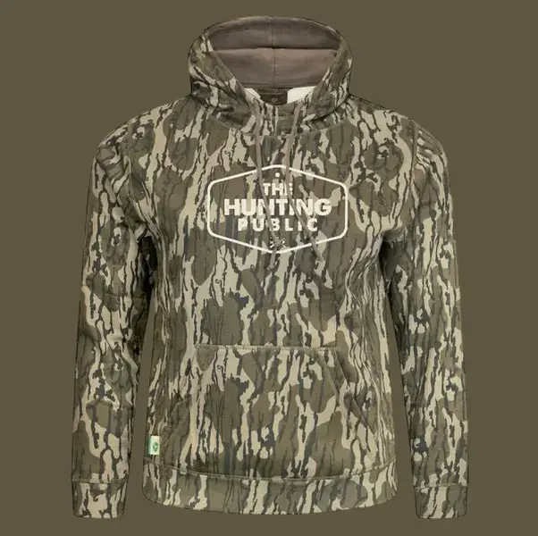 Hunting Public Camo Hoodie. Dominant Earth Brown, Green, Gray Tones. Multi-Terrain Camouflage Pattern, Hunting. Warm, Comfortable