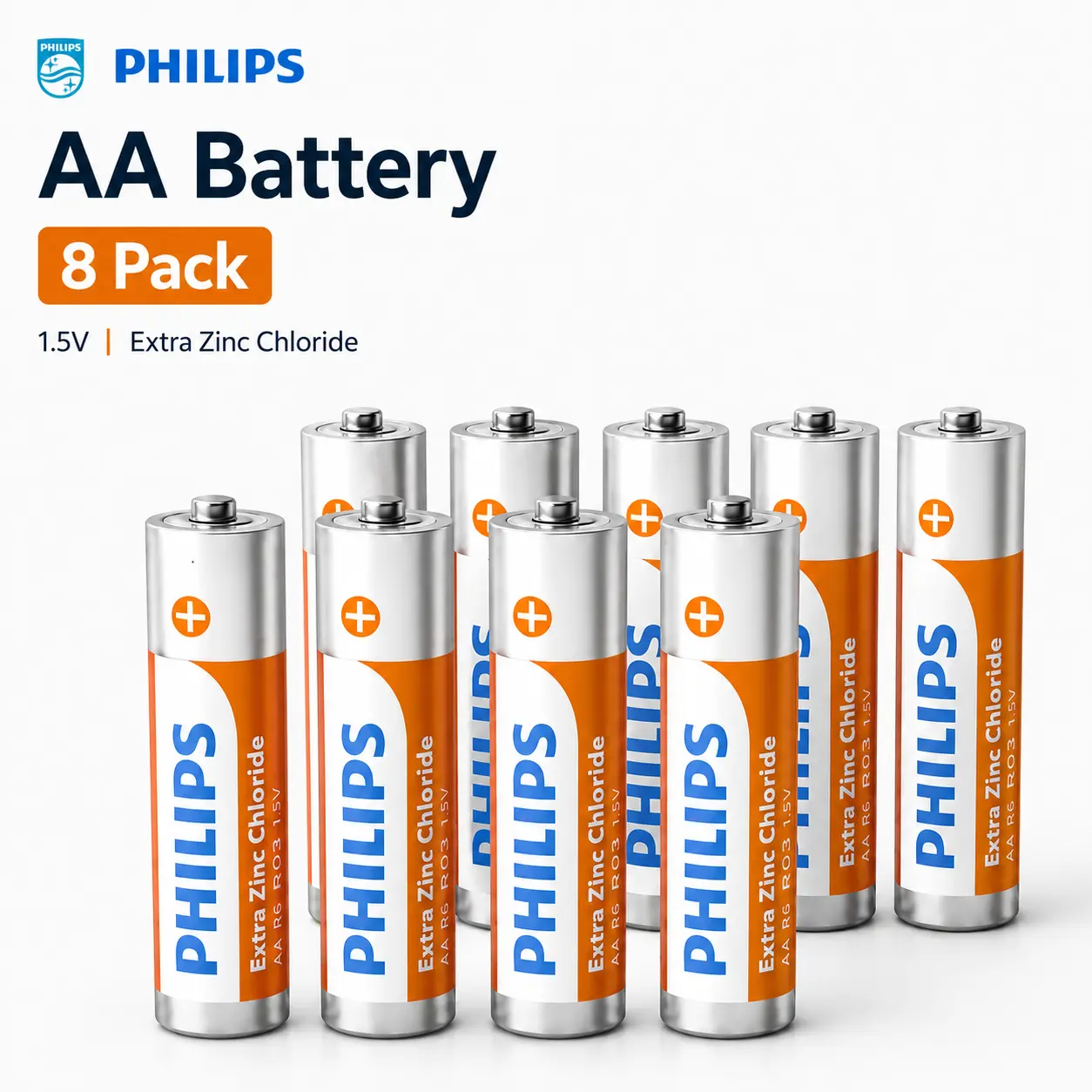 PHILIPS Cylindrical AA 1.5V Carbon Zinc Non-Rechargeable Batteries, 4-Pack or 8-Pack, for Everyday Low-Drain Household Devices