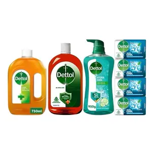 Dettol Antibacterial Bundle - 750mL Light Liquid, 1 Liter Dark Liquid, 950g Hydra Cool Body Wash & 4 Cool Soap Bars 100gs