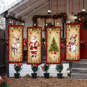 4 Piece Christmas Hanging Banner Set, Polyester Holiday Door Flags & Wall Banners, Santa Snowman Reindeer Tree Designs, Indoor Outdoor Decor