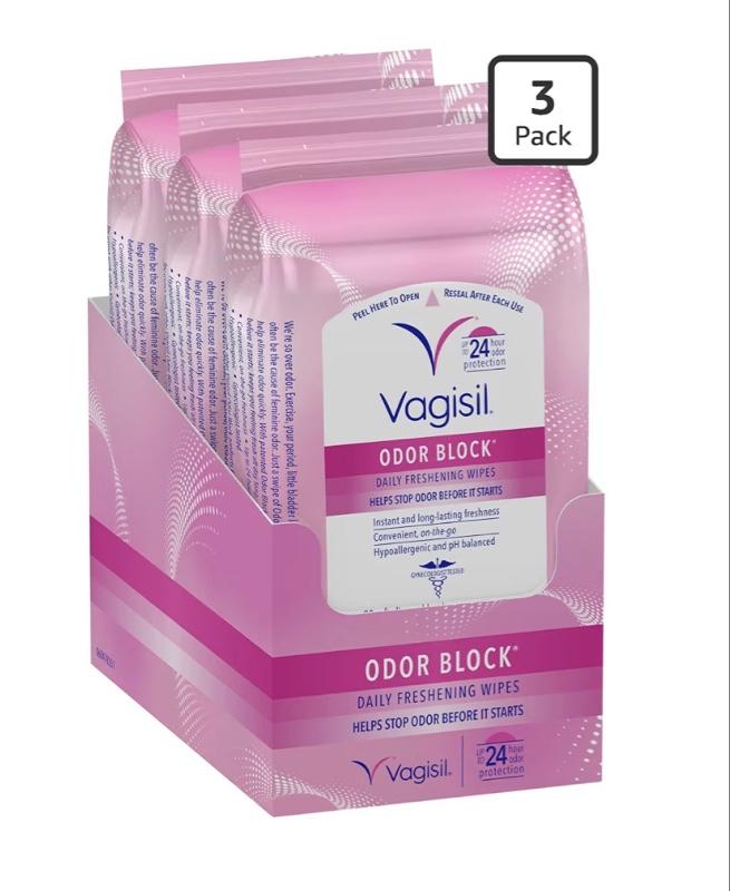 Vagisil Odor Block Daily Freshening Wipes for Feminine Hygiene in Resealable Pouch, Gynecologist Tested & Hypoallergenic, 20 Wipes (Pack of 3)