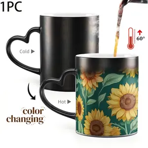 1pc Magical Color Changing Mug with Sunflower Print Design - Heart-Shaped Handle, Gift for Holidays, Floral Gift Mug, Coffee Mug, Funny Mug, 11oz/325ml