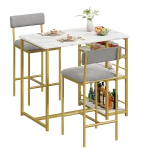 3 Piece Dining Table Set With 3 Storage Shelves Counter Height Bar Table And 2 Upholstered Chairs Set For Small Spaces Kitchen Bistro Table Set Breakfast Bar Stool Tuck Under For Studio Apartment Home Coffee Station Grey Gold White