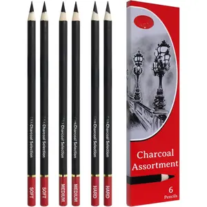 Charcoal Assorted Set of 6 Pencils: 2 Each Hard, Medium, Soft Pencils
