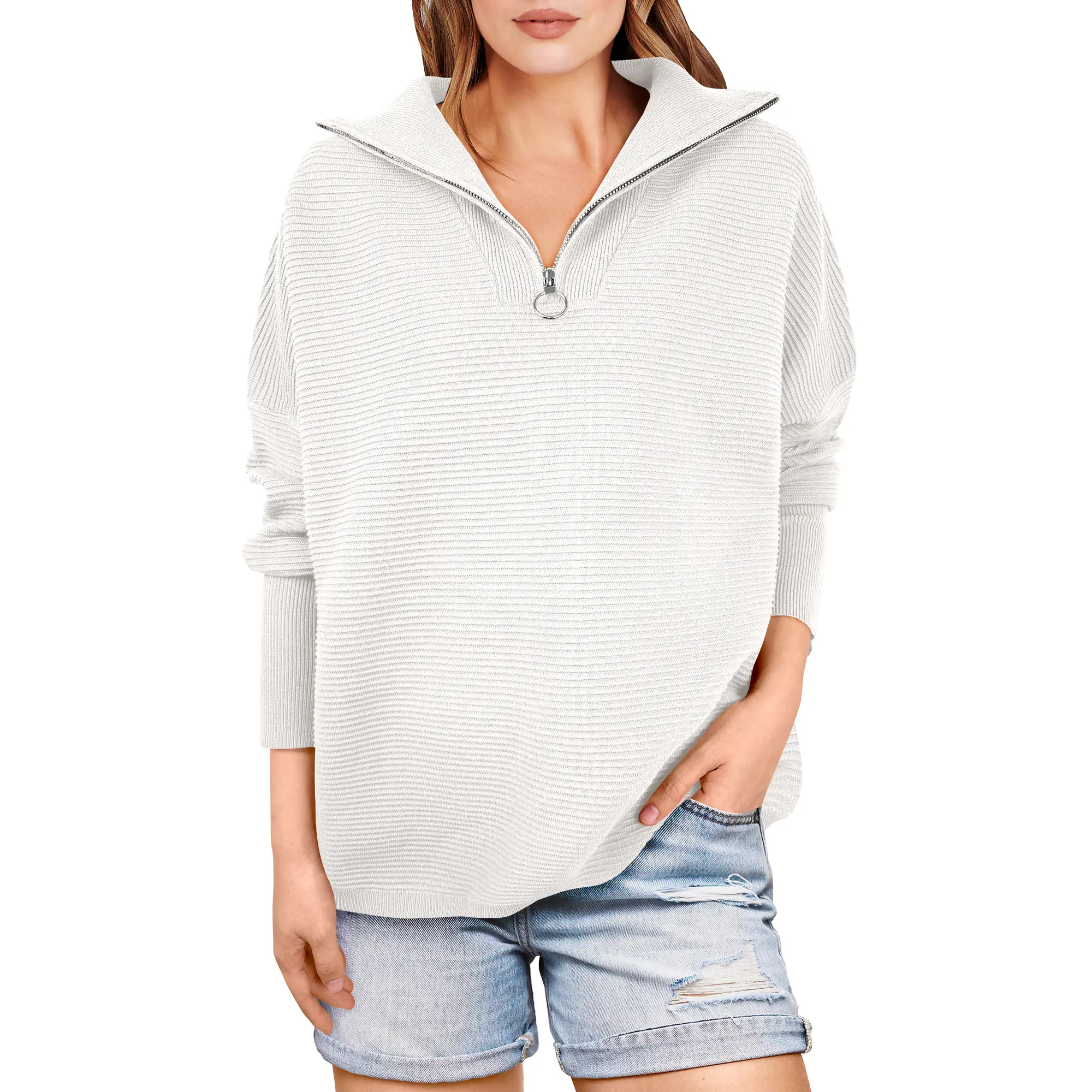 ANRABESS Women's Oversized Sweater Quarter Zip V Neck Collared Ribbed Knit Pullover Tunic 2026 Y2K Fall Tops