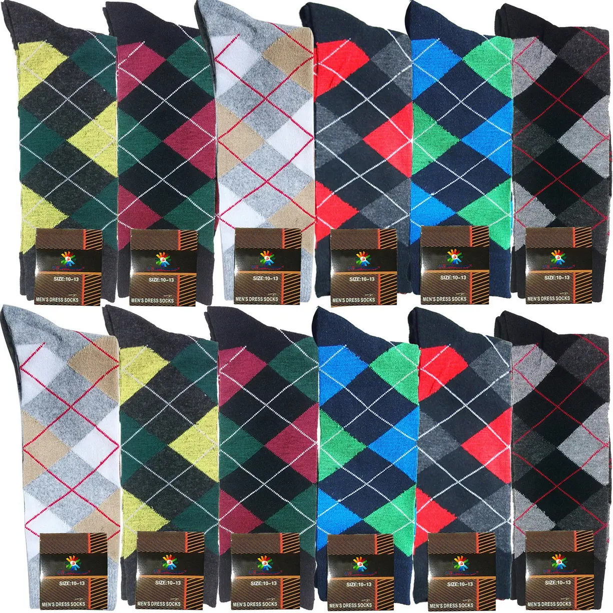 USBingoshop 12 Pack Men's Mens Cotton Dress Socks Argyle Striped Solid Ribbed Black Mid Calf Crew Socks Superior Quality Fashion Wedding Business Cotton Crew Socks Menswear Casual Elegant Fancy Aesthetic Stylish Formal Tropical
