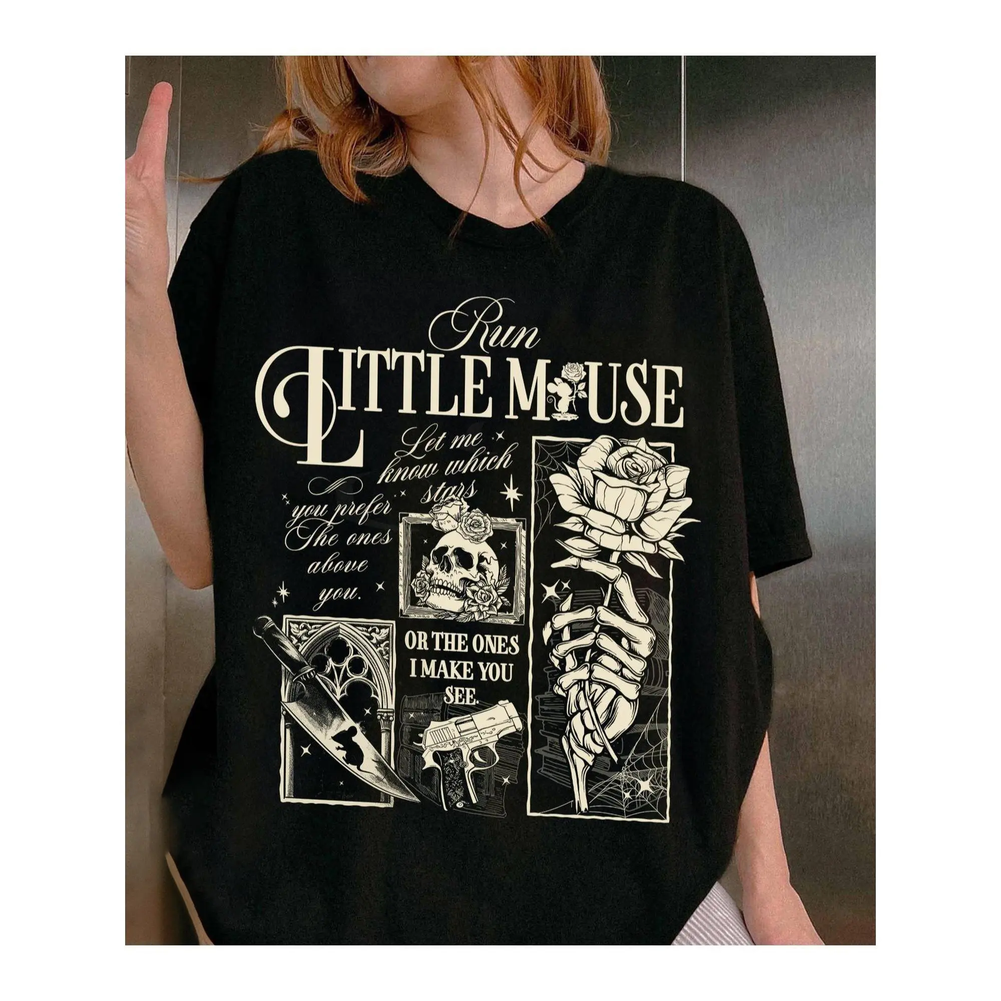 Women's Dark Romance Gothic T-Shirt - Casual Valentines Day Cute Biker Chic 'Run Little Mouse' Skull Graphic, Short-Sleeve Knit Soft Stretch Cotton Loose Fit Top for Book Lovers, Unique Vivid Print, Non-Clinging, Athletic