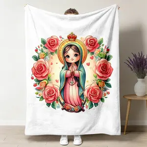 Virgin Mary Cartoon Flannel Blanket – Colorful Religious Design with Roses Hearts - All-Season Warmth, Perfect Easter Gift Bohemian Gingerbread Cookie native father Gryffindor Throw dachshund merch christmas sherpa mood Flouncy bookish cosy garage guy