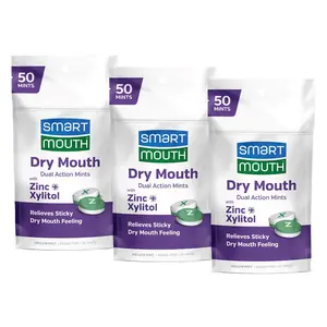 SmartMouth Dry Mouth Dual-Action Mints - Sugar-Free Mints for Dry Mouth Support - With Zinc & Xylitol - Travel-Friendly Packaging for On-the-Go Oral Care - Mellow Mint - 50 Count, 3-Pack