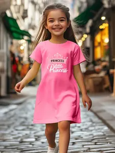 Toddler Girls Summer Dress (4-7 Years) Little Princess Letter Crown Cute Cartoon Print Casual Dress, Soft Breathable Fabric, Easy Wash, Spring Dresses