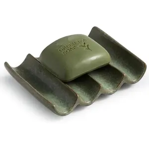 Draining Ceramic Soap Dish - Fluted Design, Bar Soap Holder for Shower & Bathroom, Soap Saver Sponge Lift, Green