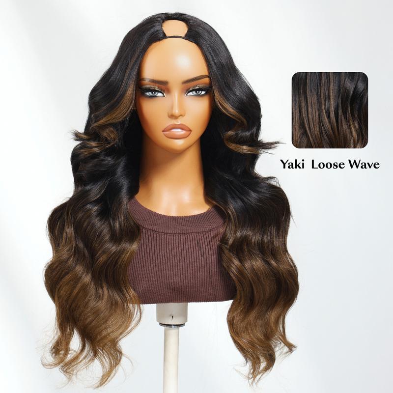 UNice Upgrade V Part Ombre Chestnut Brown Yaki Straight Wigs with Drawstring No Leave Out Glueless Human Hair Wigs for Beginners Friendly