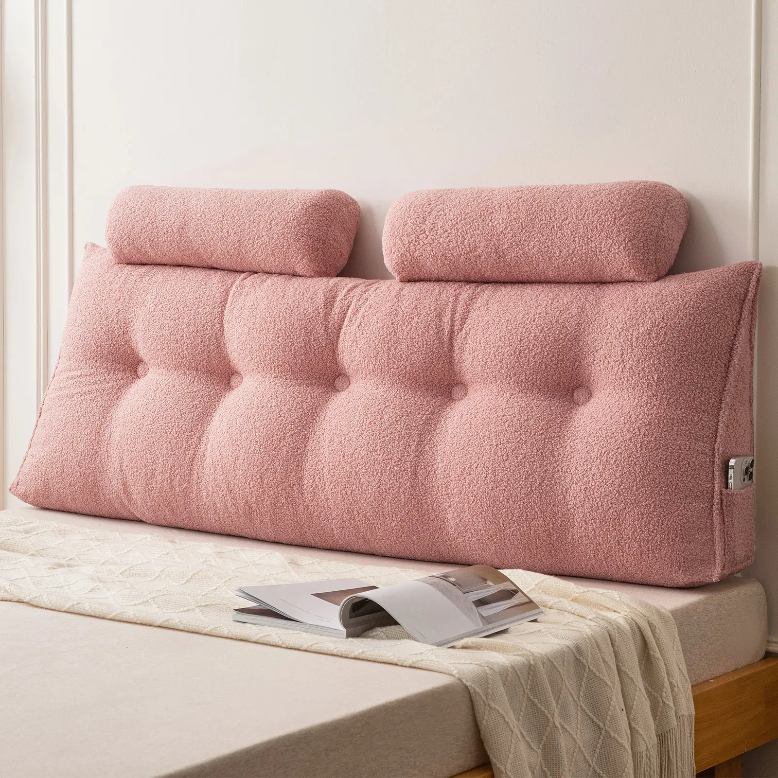 Luxurious Teddy Velvet Triangular Headboard Pillow with Removable Cover & Side Pockets Twin/Queen/King Size for Comfortable Reading and Lounging