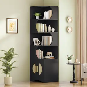 HOOBRO Corner Bookshelf, 70.9" Tall Corner Bookcase, Corner Shelf Storage Display Rack with 4 Open Shelves & Woven-Style Door Cabinet for Living Room, Home Office, Study, Black