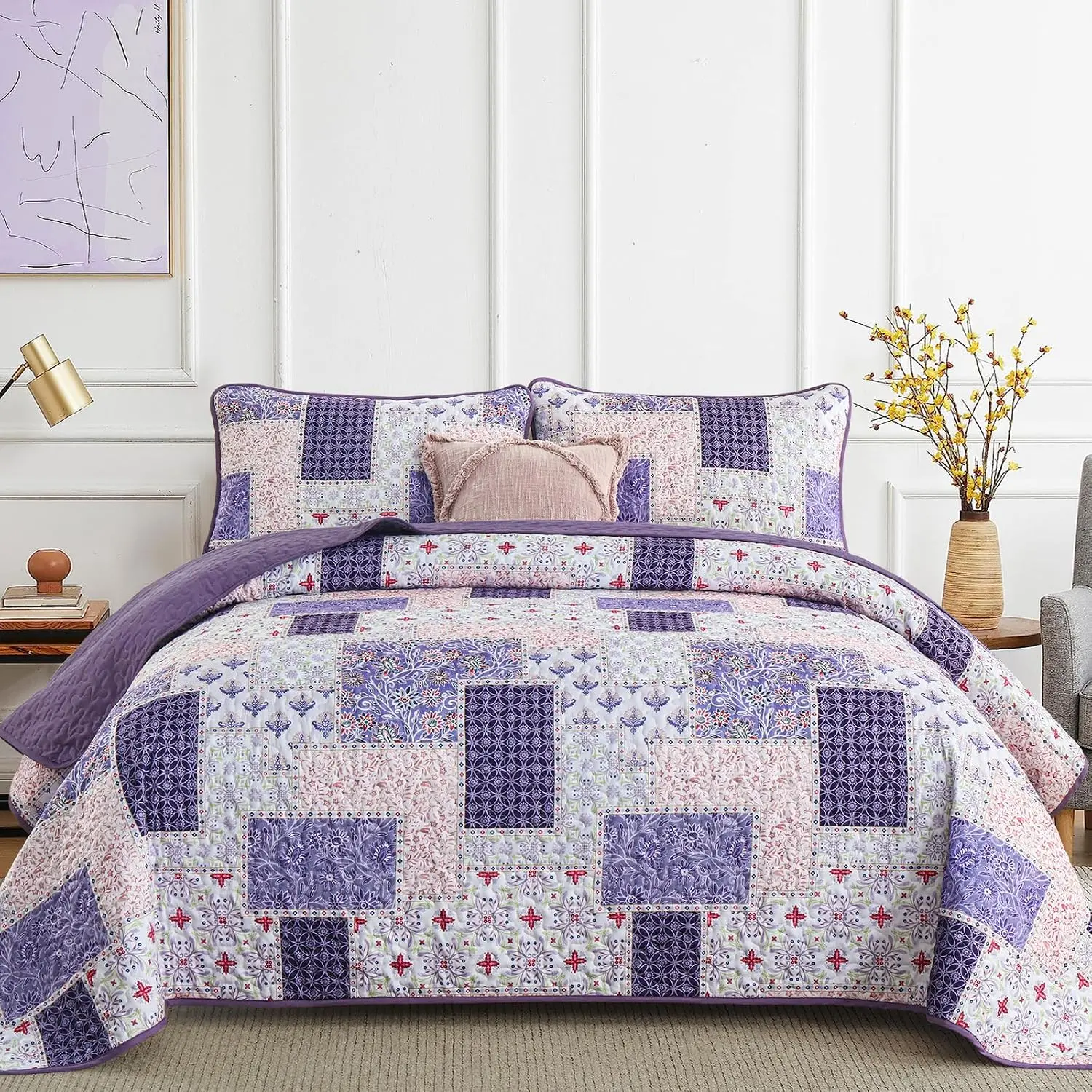 Patchwork Set Queen Size 3 Pieces Purple Floral Bedspread Set Reversible Bedding Set Microfiber Bedding Bedspread Coverlet Set for All Season(Queen 96"x90")