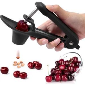 Cherry Pitting Tool – Stainless Steel Cherry Corer/Pitter with ergonomic push design – easy to use for making cherry jam – pit cherries effortlessly, saving time and space with lock design (Black)