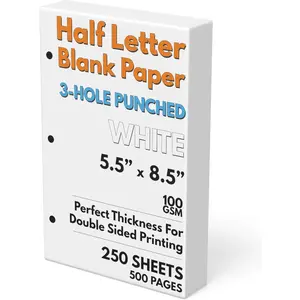 Half Letter Blank Paper, 3-Hole Punched, 250 Sheets/500 Pages, 100 GSM, Printer Paper Binder Refill, 5.5 in. x 8.5 in.