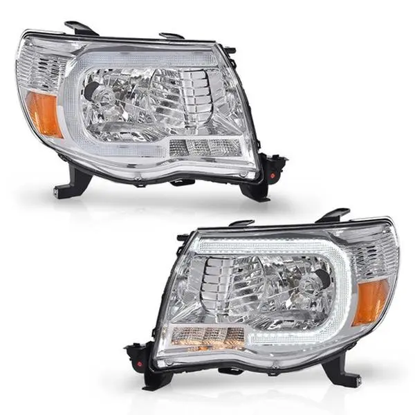 G-PLUS Headlights for 2005-2011 Toyota Tacoma LED DRL Light Tube Headlight Assembly Driver & Passenger Side Pair Chrome Housing Clear Lens