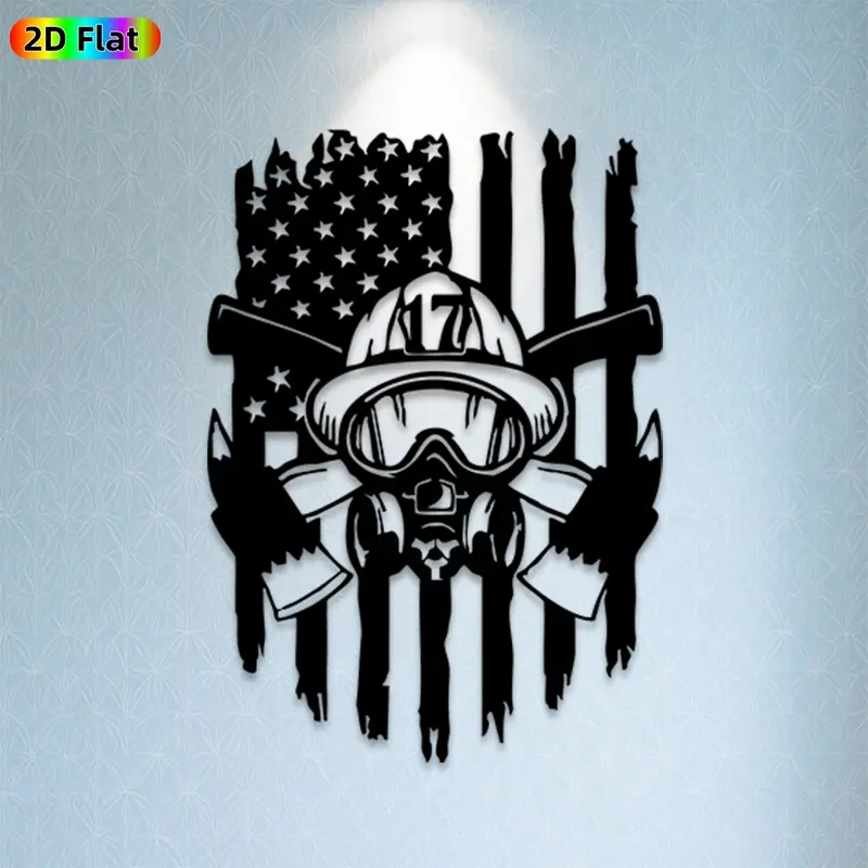 1pc Firefighter Helmet & American Flag Metal Wall Art, Patriotic Mural, Decoration Items, Ideal Gift for Independence Day, Veterans Day, Rust-Resistant Metal Wall Decor, Sculptures & Decoration, for Outdoor Wall & Garden Fence, Patriotic Decor Enthusiasts