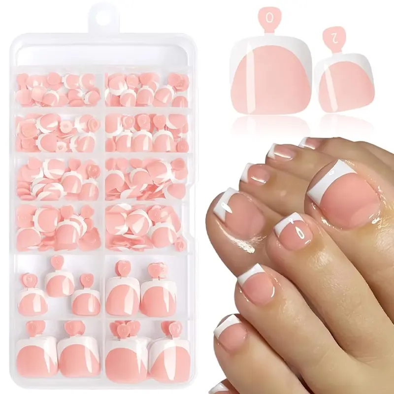 120Pcs Toe Nail Press on Sets White Deep French Tips, Glossy French Short Square Fake Toenails, DIY False Toenails, Reusable Artificial Nude Toenail Nail Tip Seamless Fit Stick on Nails for Women