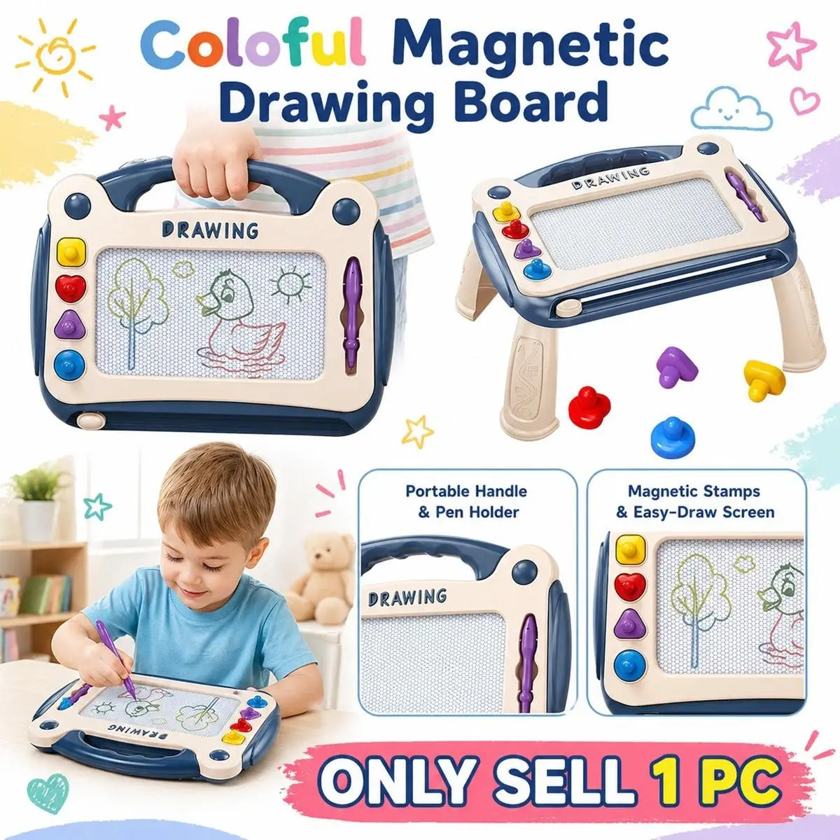Children‘s Day Gift，Magnetic Drawing Board with 4 Stamps, Erasable MagneticDoodle Slate, Educational Leamning Toy For Toddlers,durable ABS materials, non-toxic, odorless, Easy Doodling& Erasing, Perfect Birthday Gift For Boys & Girls Gift!