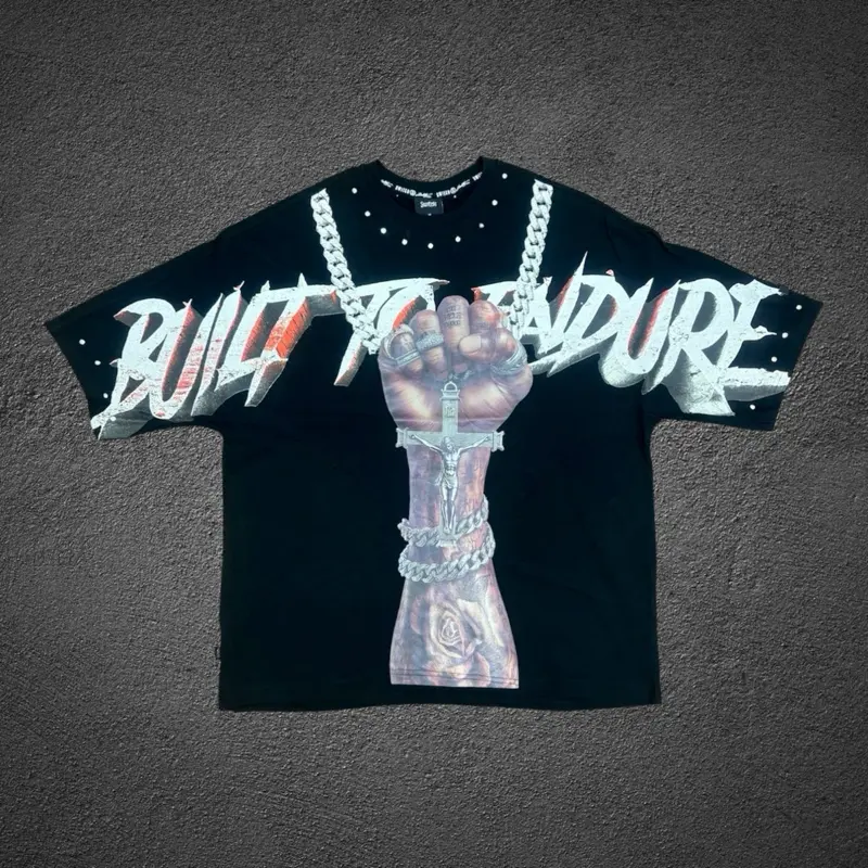 Men’s Black Oversized Graphic T-Shirt with Rhinestone Details