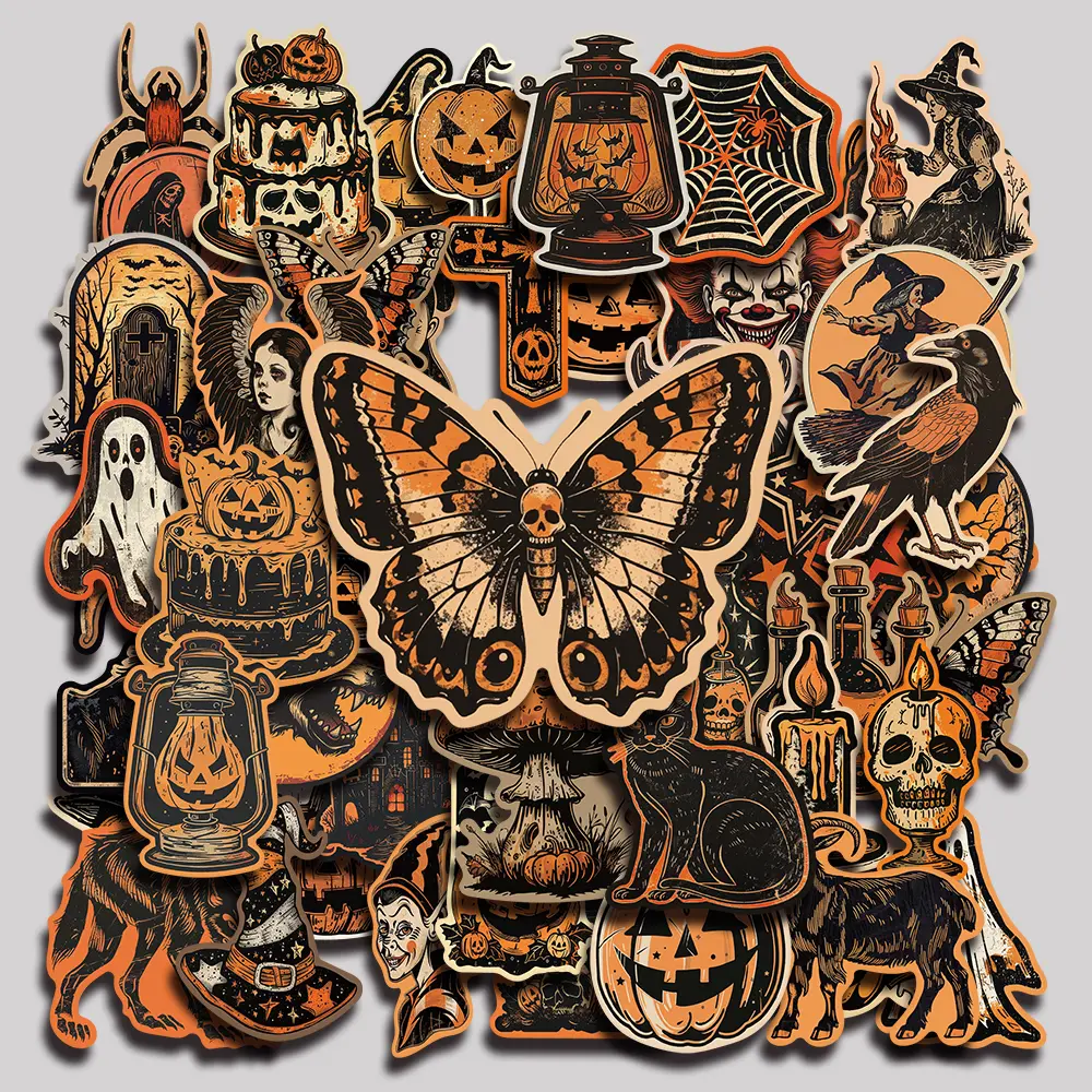 50PCS vintage Halloween Aesthetic Vinyl Decorative Stickers, Self-Adhesive Sticker Pack for Planner, Journal, Notebook, Laptop, Phone Case, Water Bottle, Scrapbooking and Office Supplies