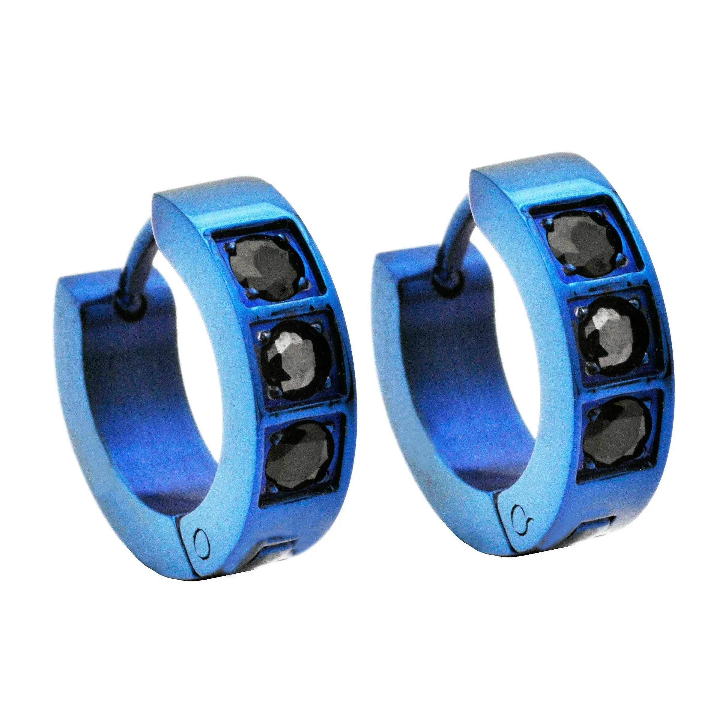 Mens 14mm Blue Plated Stainless Steel Hoop Earrings With Black Cubic Zirconia