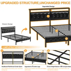 Bed Frame with Storage Headboard & Footboard Upholstered Platform Bed with LED Lights USB Ports & Outlets No Box Spring Needed(only bed frame)   Springtok Furniture Home Modern Design summergarden