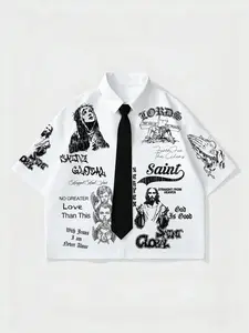 Unisex 100% Cotton White Cropped Button Up Shirt | Religious Saint Print with Tie Dark Alt Streetwear Top