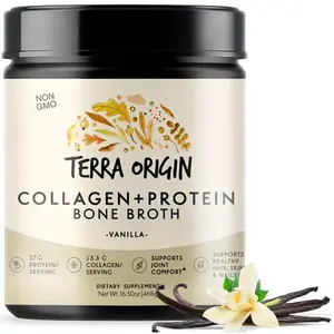 Terra Origin Collagen and Protein Bone Broth | with Hydrolized Collagen Peptides for Skin, Hair, Nails, and Joint Support | Non-GMO, Made in USA