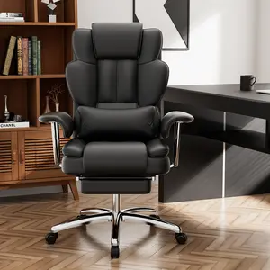 Executive Home Office Desk Chair, Ergonomic Big Tall High Back with Footrest & Lumbar Support, Reclining Height Adjustable, Comfy PU Leather Computer Gaming with Swivel Wheels, Black