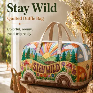 Stay Wild Quilted Weekender Bag, Boho Travel Duffle Bag with Spacious Interior, Soft Padded Overnight Tote for Weekend Trips, Road Trips, Camping and Everyday Getaways