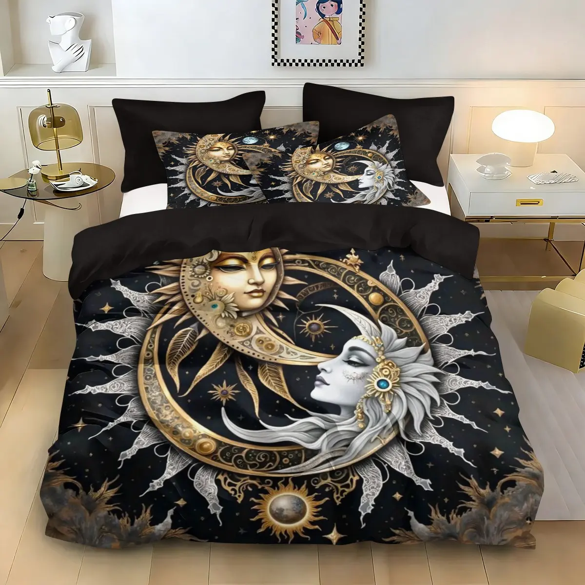3pcs Sun & Moon Goddess Mythology Decorative Theme Bedding Set, Duvet Cover + 2 Pillowcases, Polyester, Perfect for Mystical Bedroom & Hotel Decor, Bed Sets Supplies