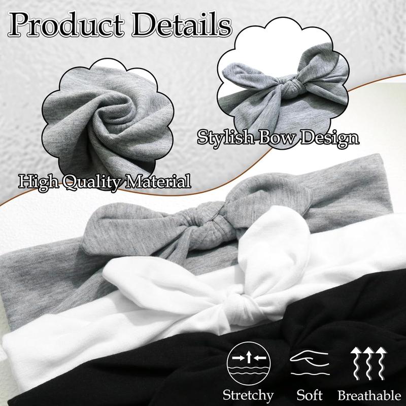 3Pack Black,Gray,White Bow Headbands for Women Boho Wide Head Bands for Women's Hair Christmas Non Slip Elastic Hair Bands Soft Headwraps Workout Yoga Turban Hair Accessories